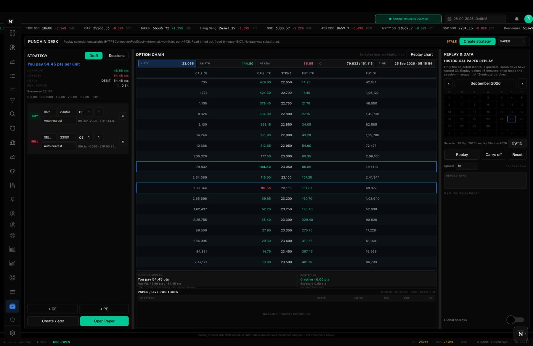 nTerminal: an option chain with a strategy panel and historical paper replay